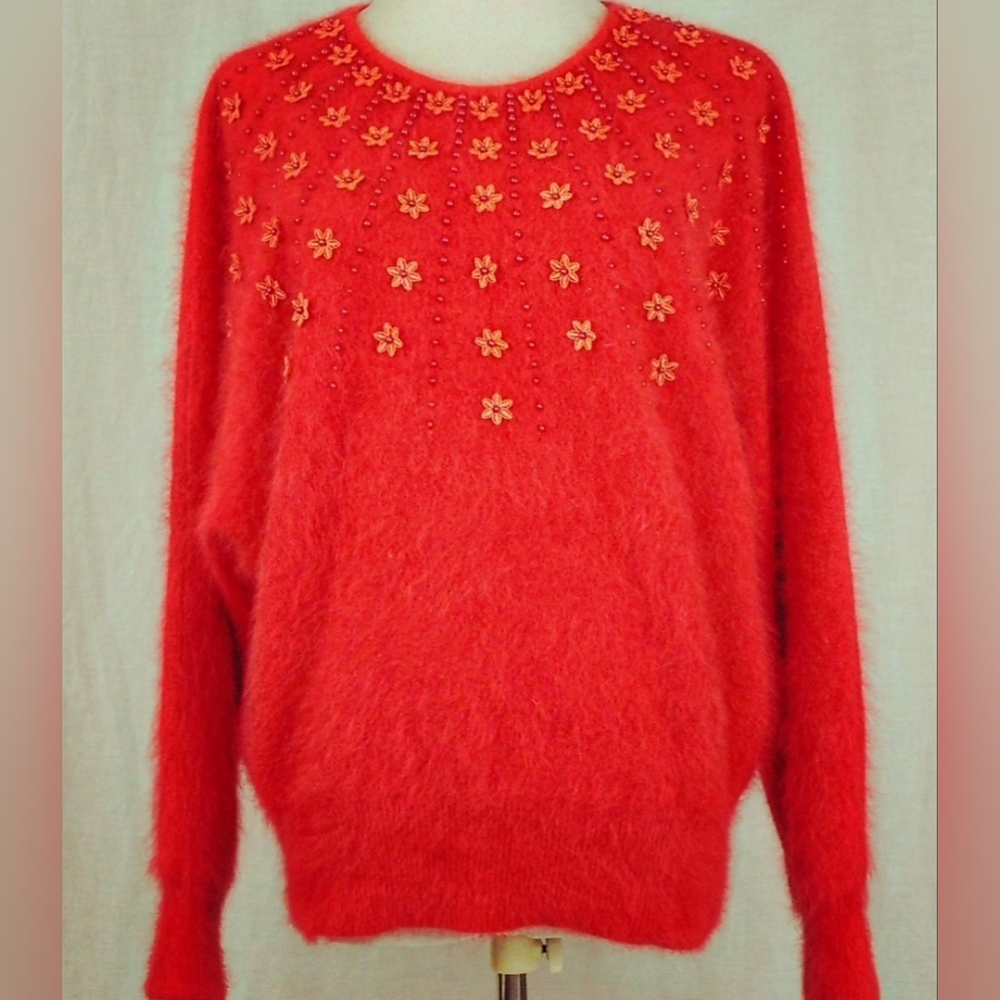 Vintage Red Pink Angora Sweater Soft Fuzzy Beaded Dolmen Sleeve Chunky Sweater L